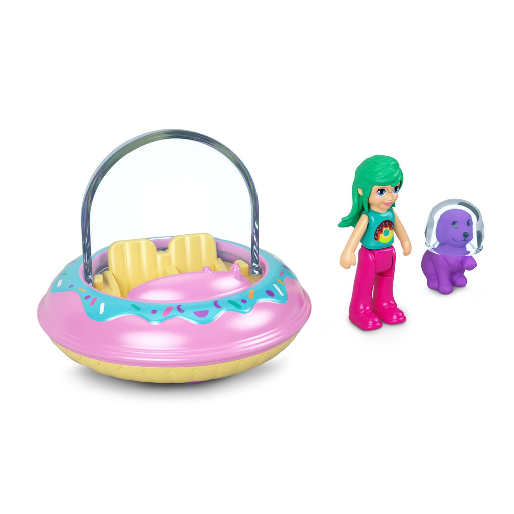 Polly Pocket Collectible Micro Mini Metal Vehicle, Poseable Doll and Pet Set - Polly's Friend Doll with Donut Theme UFO and Purple Puppy (with Space Helmet) Sidekick Playset