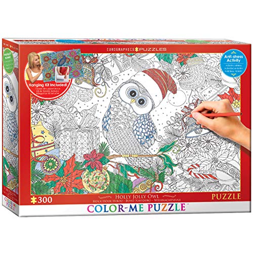 Bundle of 2 |EuroGraphics Holly Jolly Owl Color Me Puzzle (300-Piece) + Smart Puzzle Glue Sheets