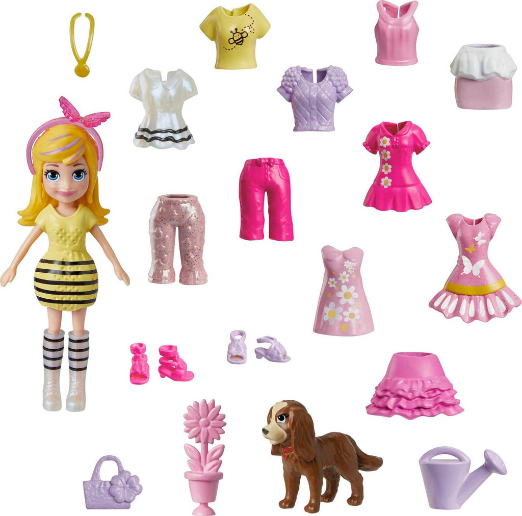 Polly Pocket Travel Toy with 3-Inch Doll and 18 Accessories, Puppy and Flower-Themed Fashion Pack