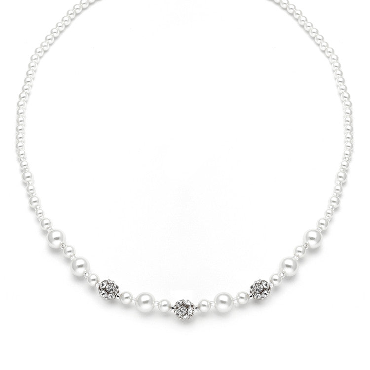 Dainty Wedding Necklace with Pearls & Rhinestone Fireballs - White 1125N-W-S