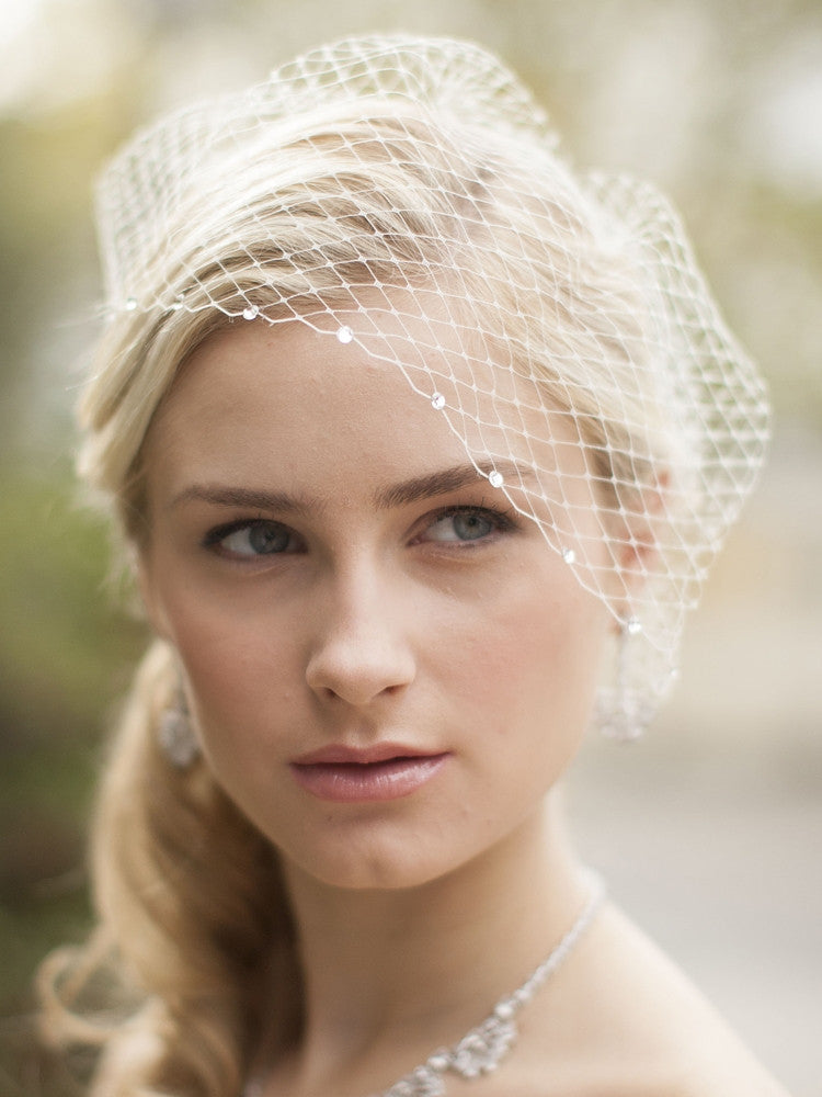 French Net Bridal Birdcage Visor Veil with Swarovski Crystals 123V