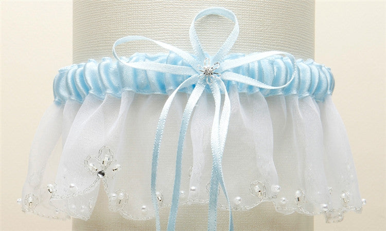 Organza Bridal Garters with Pearls and Chain Edging 1255G