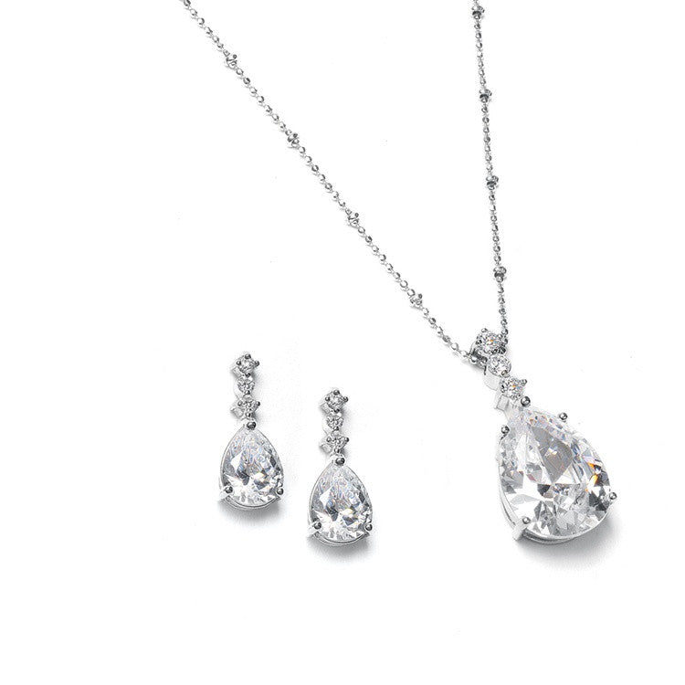 Brilliant CZ Pear Shaped Drop Necklace Set 293S-CR