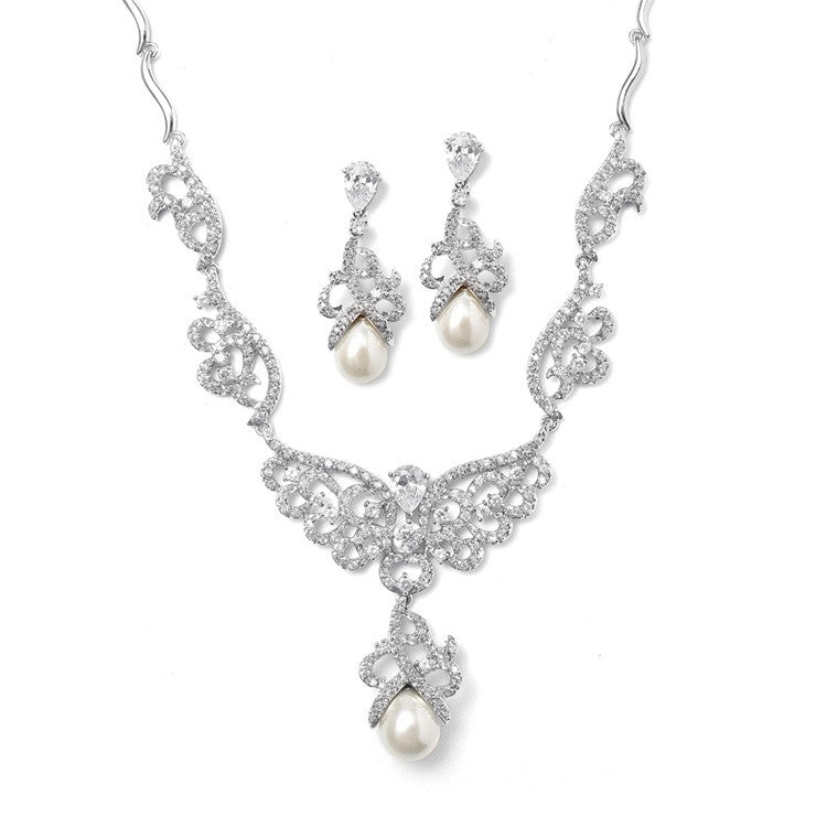 Magnificent CZ Pave Scroll Bridal Necklace Set with Pearl 3039S