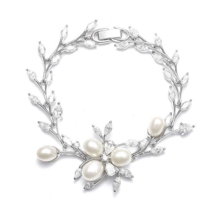 Freshwater Pearls in CZ Leaves Bracelet 3041B