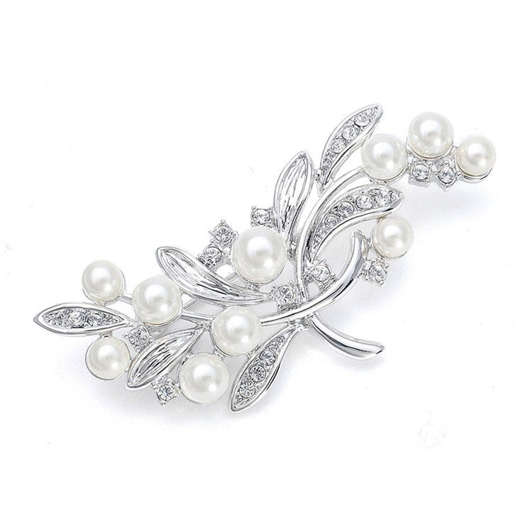 Pearl Bridal Brooch with CZ Leaves 3161P