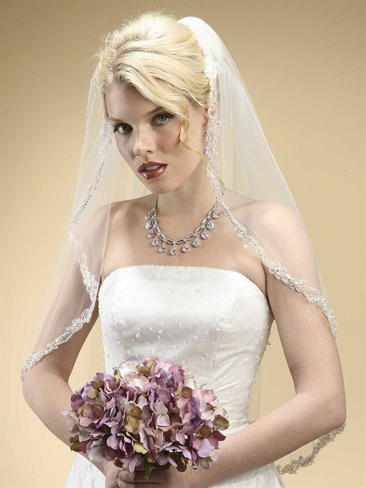 Rhinestone Edge Mantilla Wedding Veil with Floral Applique 3326V