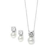 Cubic Zirconia with Pearl Solitaire Bridal or Bridesmaid Necklace & Earrings Set 3508S