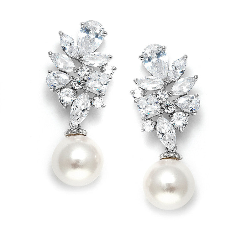 Dazzling CZ Cluster Wedding Earrings with Pearl drop 3530E