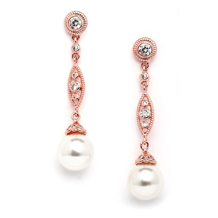 Rose Gold Dangle Wedding Earrings with CZ Filigree & Bold Pearl 3625E-RG