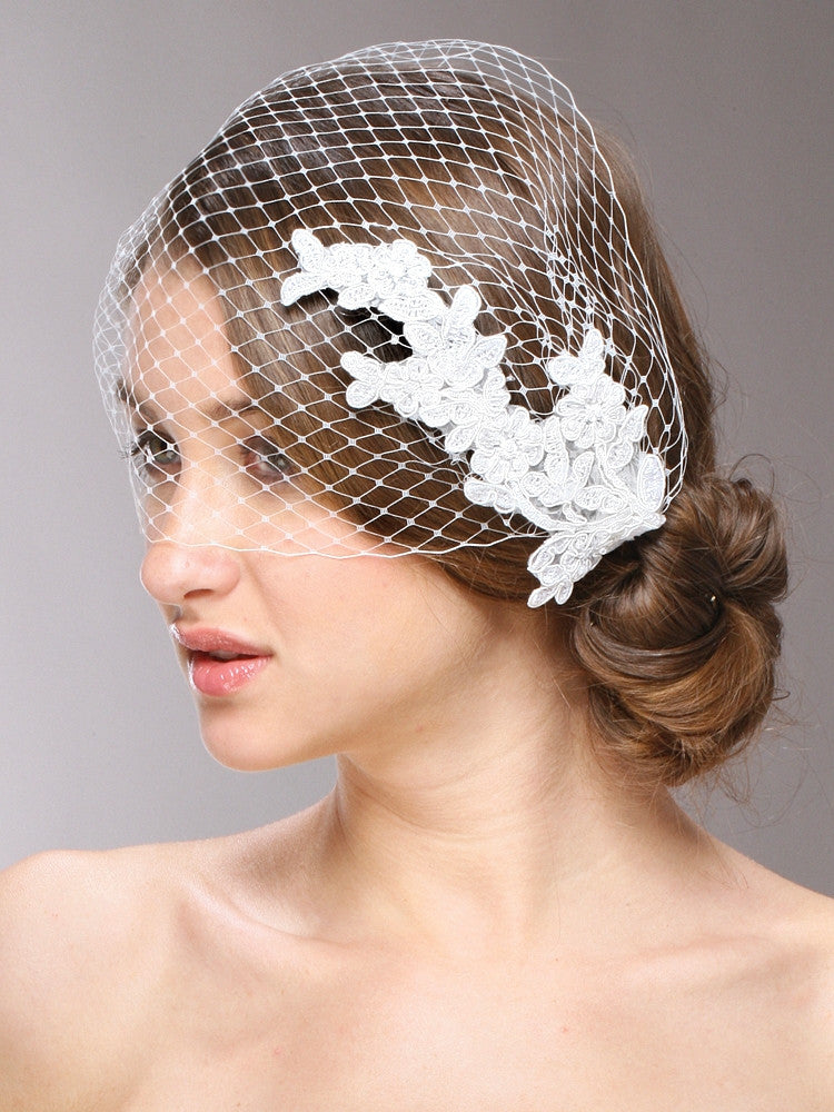 French Netting Bandeau Bridal Veil with Vintage Lace 3911V