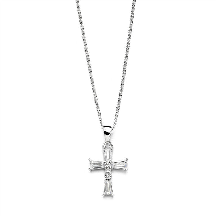 Cross Pendant Necklace with Cubic Zirconia Baguettes