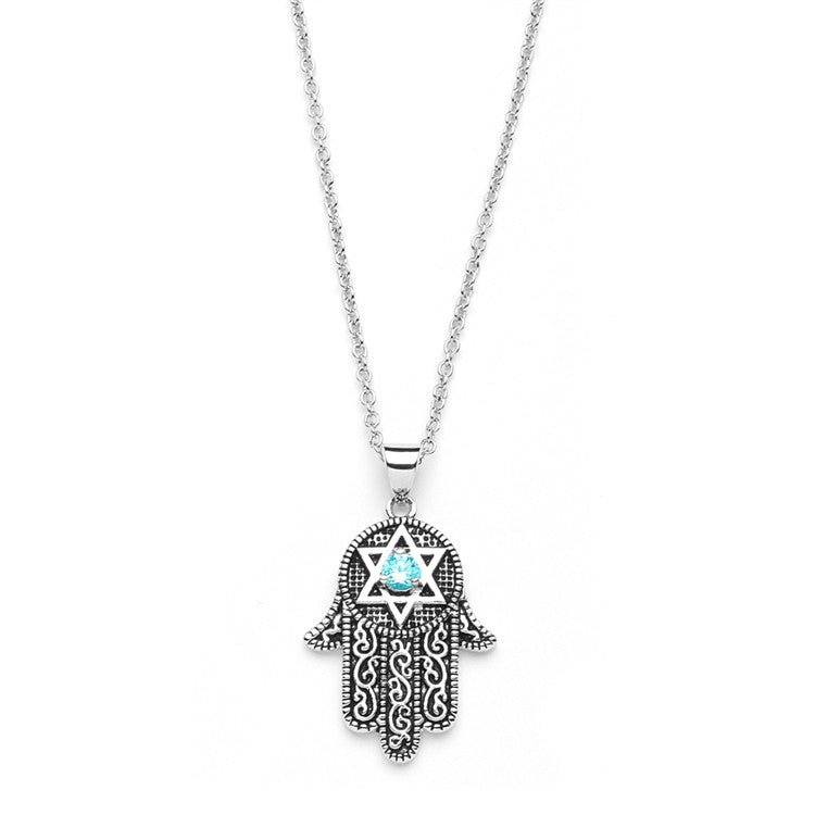 Hand of God Pendant with Aquamarine CZ and Star of David