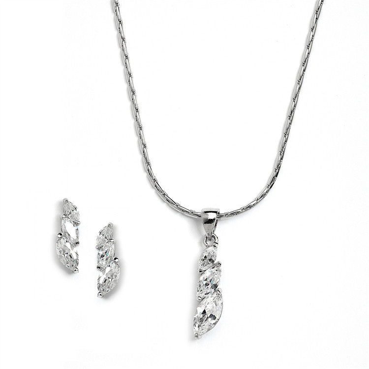 Elegant CZ Marquis Trio Necklace & Earrings Set for Prom or Bridesmaids 4013S