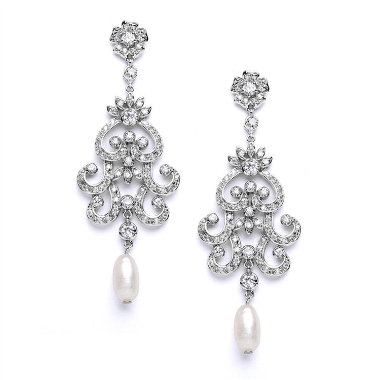 Vintage Chandelier Wedding or Bridal Earrings with Cubic Zirconia & Freshwater Pearls 4016E