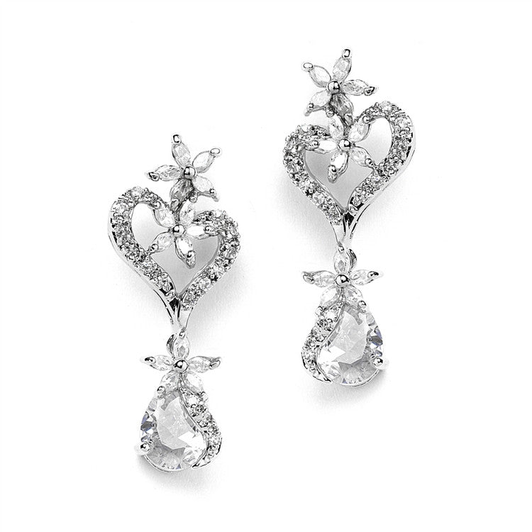 Cubic Zirconia Heart Shaped Wedding Earrings with Flowers and Pears 4040E