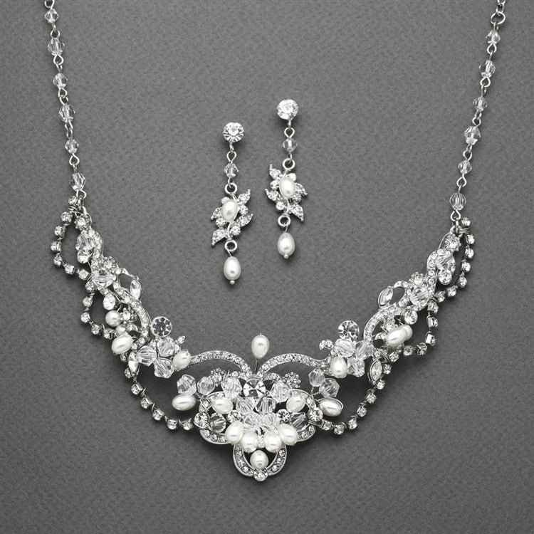 Freshwater Pearl & Crystal Wedding Necklace and Earrings Set 4061S