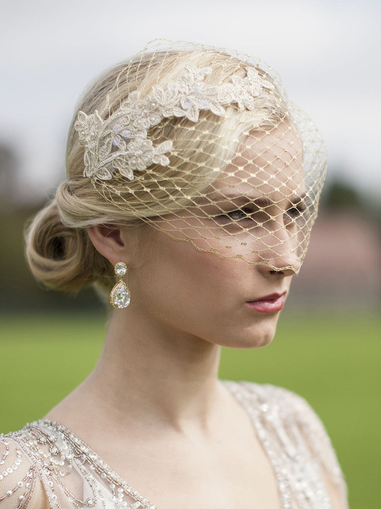 Metallic Gold French Netting Bandeau Bridal Veil with Champagne Lace Appliques 4084V