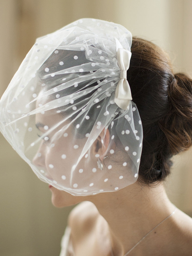 Retro 1950's Polka Dot Face Veil with Hand Made Satin Bow 4088V