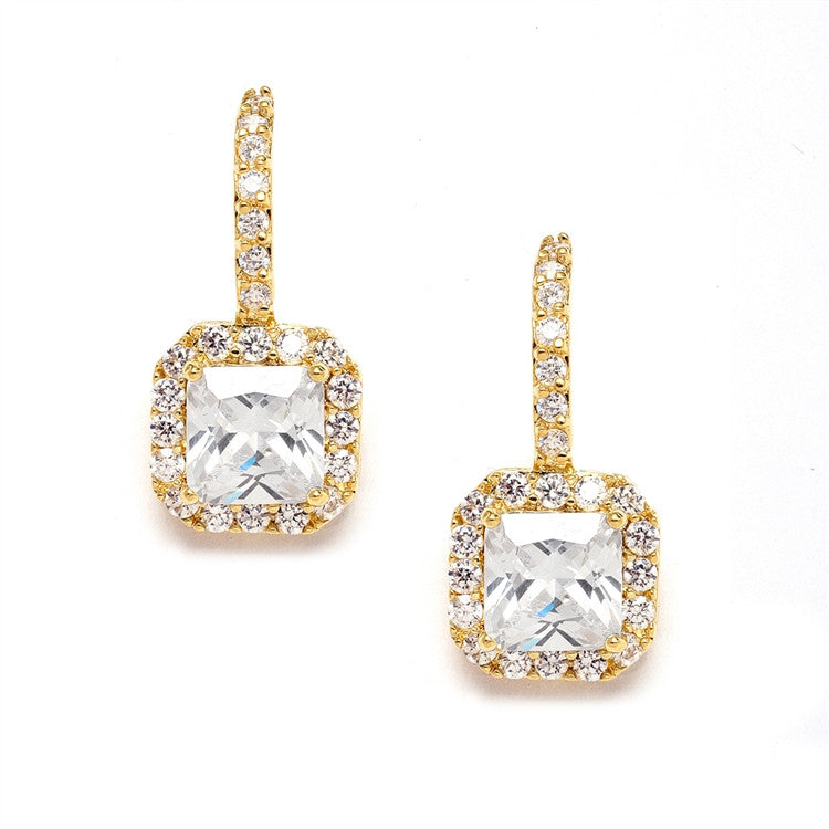 Gold Radiant Cut Cubic Zirconia Wedding, Prom or Bridesmaids Earrings 4091E