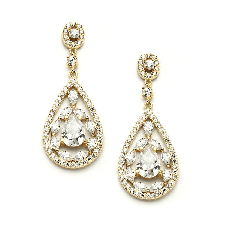 Gold Cubic Zirconia Mosaic Teardrop Bridal, Prom or Wedding Earrings 4093E