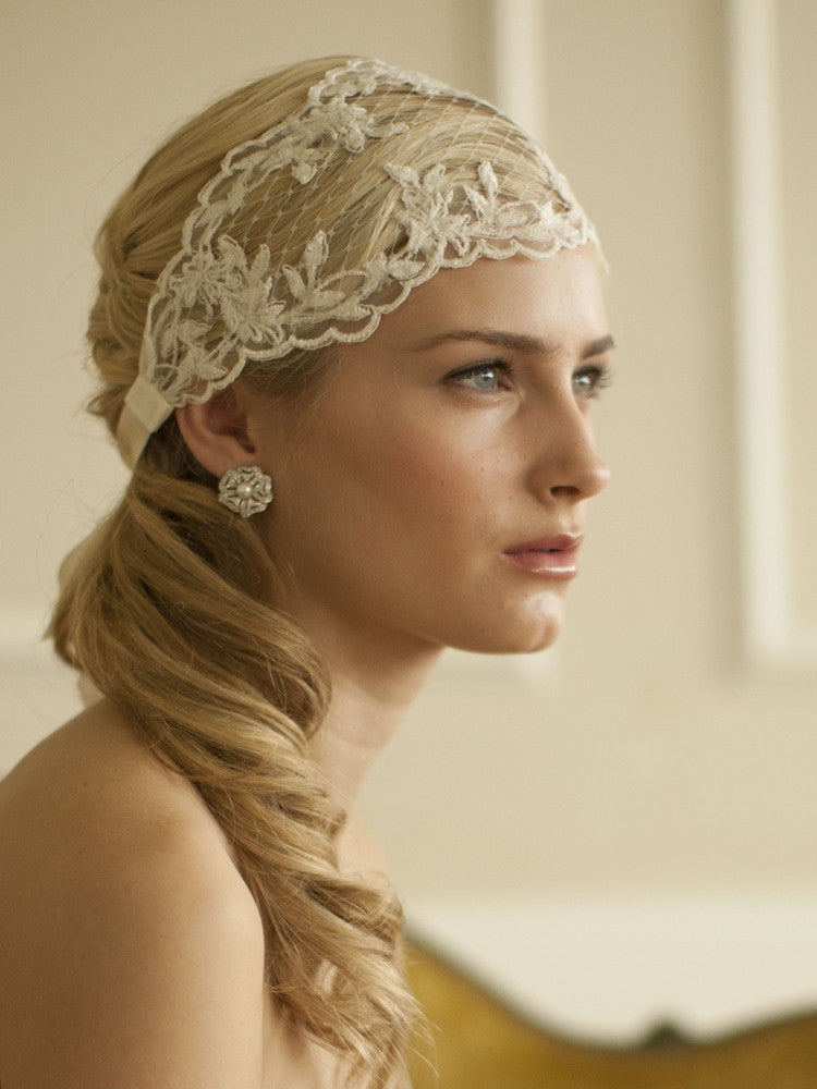 Split Lace Ribbon Wedding Headband with French Netting 4098HB