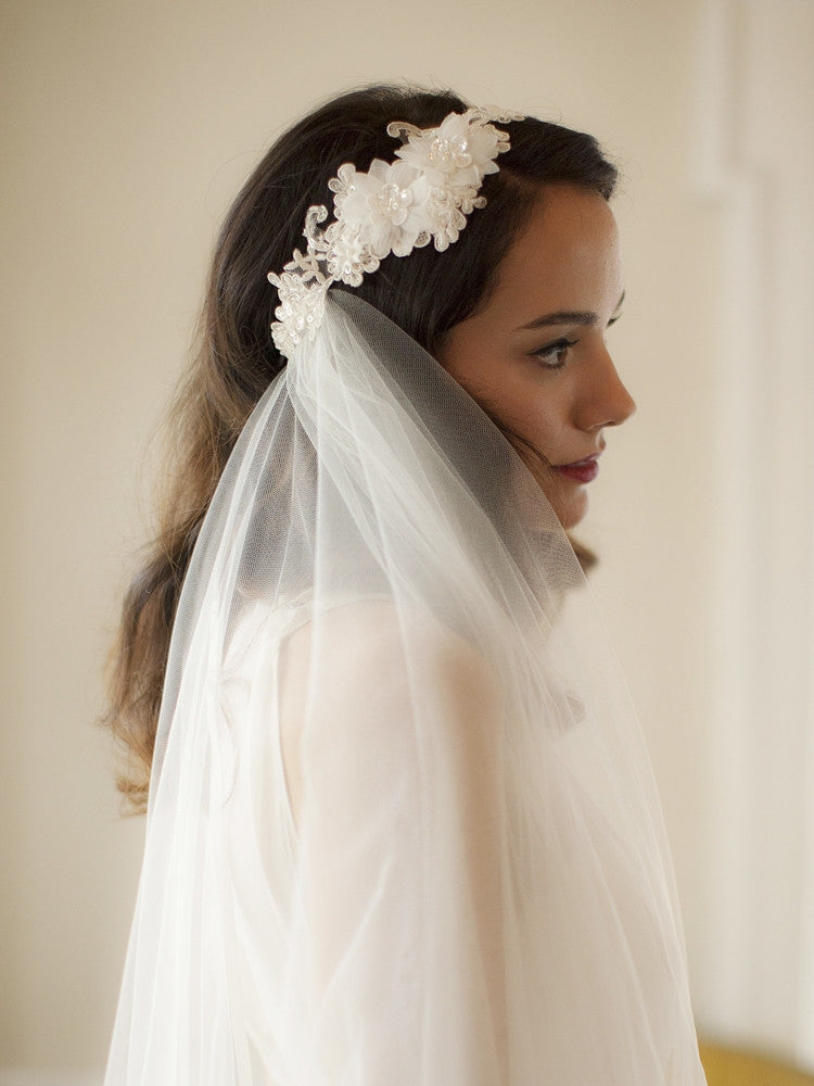 Runway Style Cascading 2-Layer Side Veil with Crystal Lace Headband 4105V