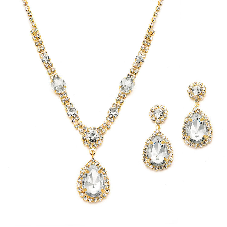 Gold and Clear Rhinestone Necklace & Earrings Set for Prom or Bridesmaids 4144S-CR-G