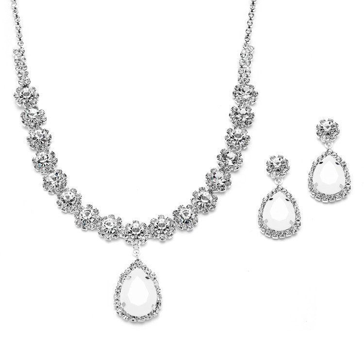 Opaque Pears and Clear Rhinestone Necklace & Earrings Set for Prom or Weddings 4148S-WH