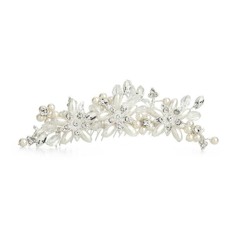 Elegant Ivory Pearl & Crystal Flower Wedding Tiara Comb 4164TC