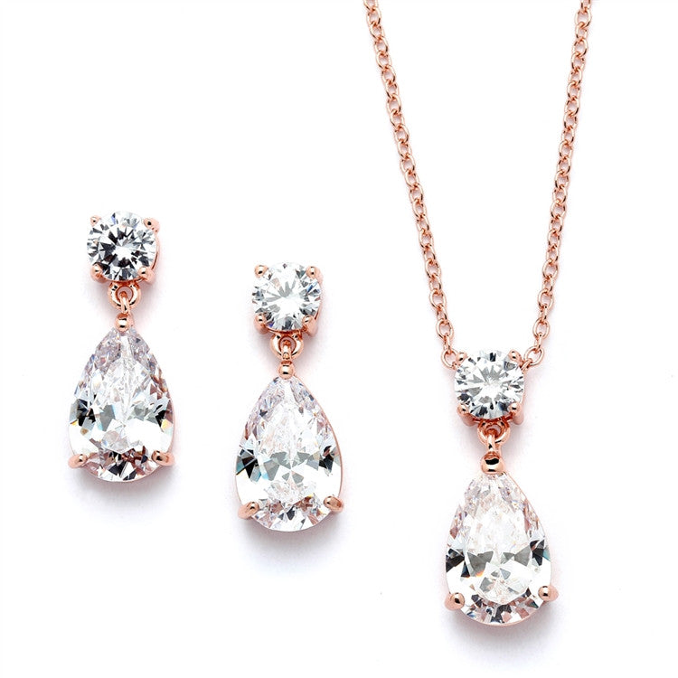 Rose Gold Cubic Zirconia Teardrop Bridal or Bridesmaids Necklace Set 4172S-RG