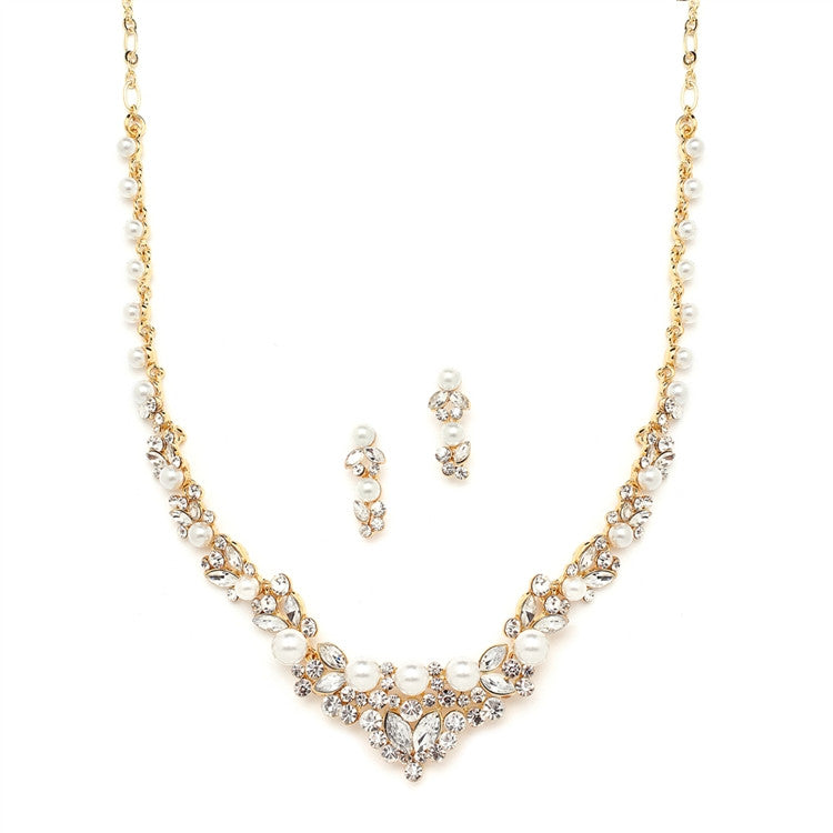 Elegant Wedding Necklace Set with Crystals & Pearl Cluster 4183S