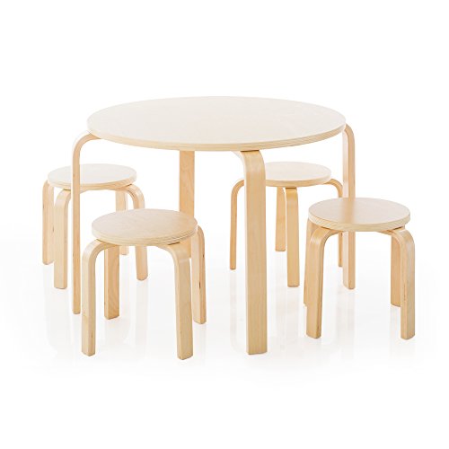 Guidecraft Nordic Table and Chairs Set for Kids: Natural - 4 Stacking Bentwood Stools with Curved Wood Activity Table - Children's Modern Kitchen, Playroom and Classroom Furniture