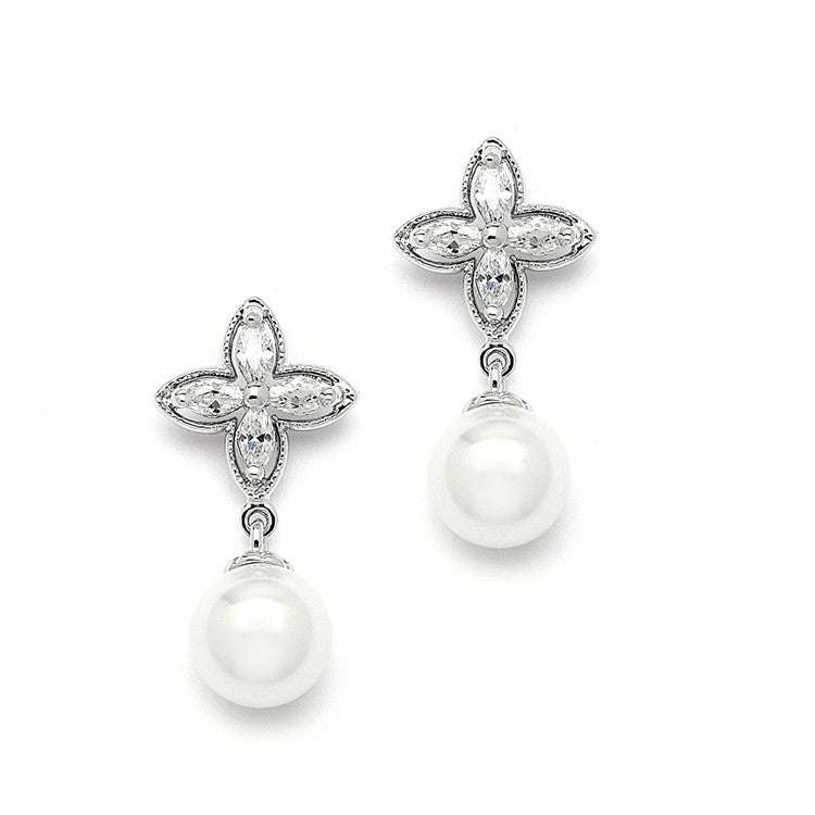 Soft Cream Pearl Bridal Earrings with CZ Marquis Flower 4204E