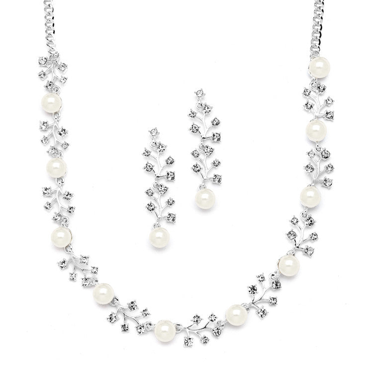 Soft Cream Pearl Bridal Necklace & Earrings Set with Crystal Sprigs 4229S