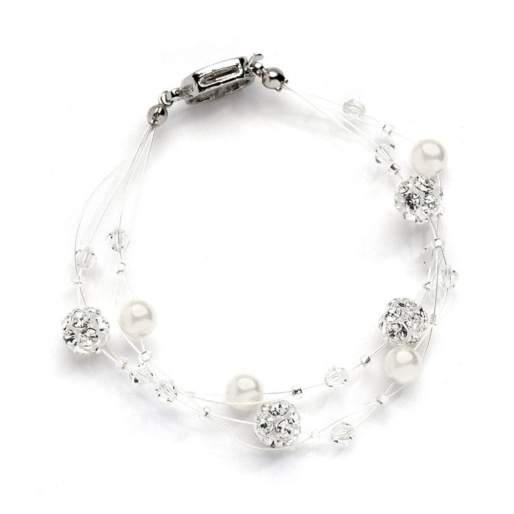 Sarah's Special 2-Row Floating Pearl, Crystal and Rhinestone Fireball Illusion Bridal Bracelet 4265B-2-I-CR-S