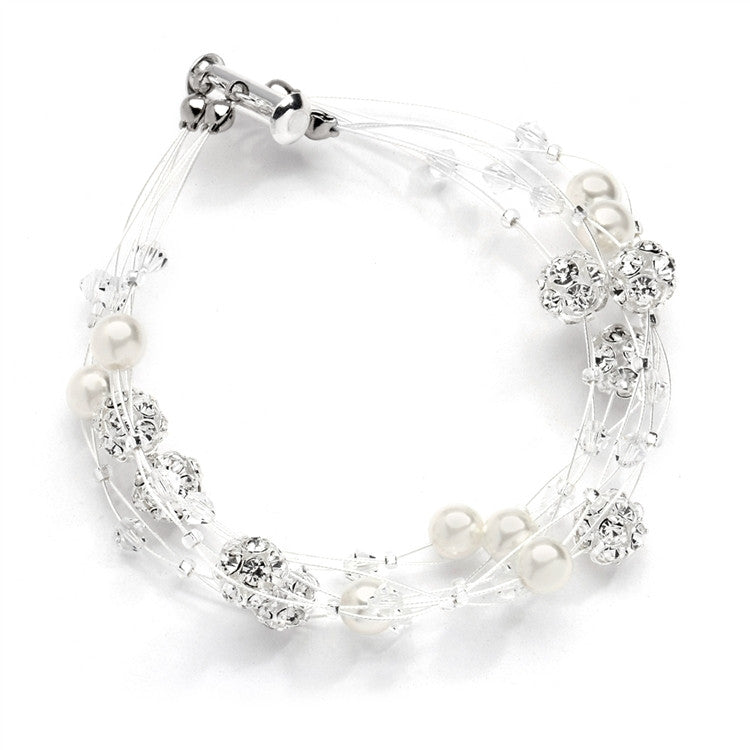 Sarah's Special 4-Row Floating Pearl, Crystal and Rhinestone Fireball Illusion Bridal Bracelet 4265B-4-I-CR-S