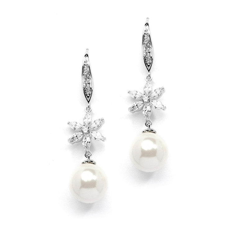 Soft Cream Pearl Dangle Bridal Earrings with CZ Flowers 4275E