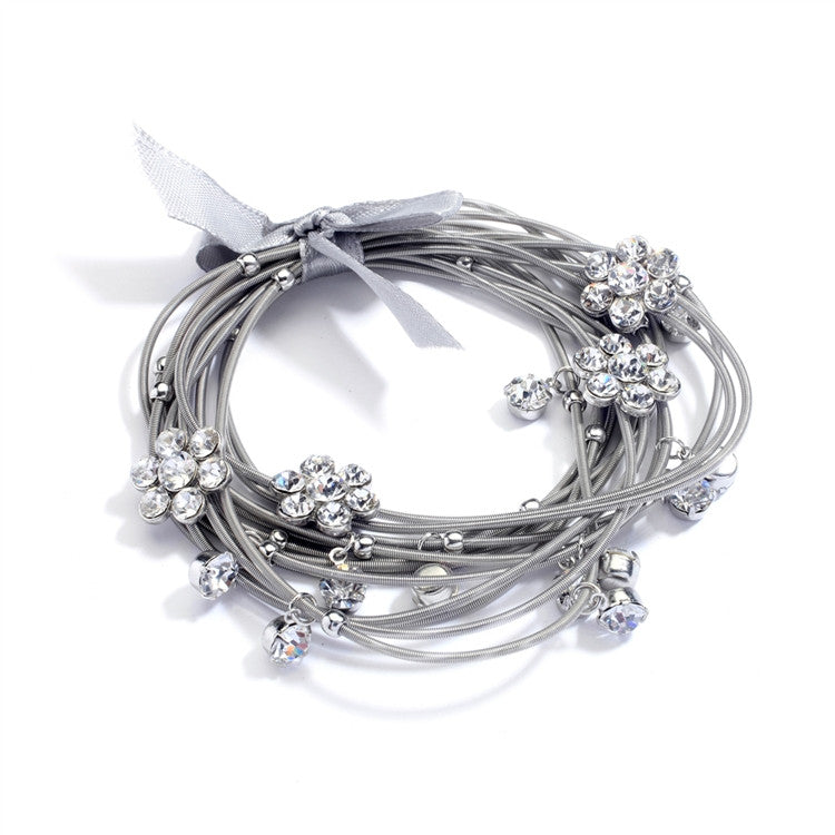 Piano Wire Stretch Bracelet with Crystal Daisies and Ribbon Bow 4304B-S