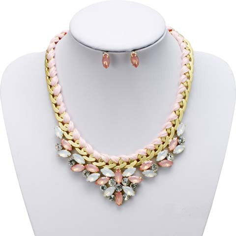 Pink Opal Statement Necklace Set with Pink Threaded Chain 4316S-PK-G