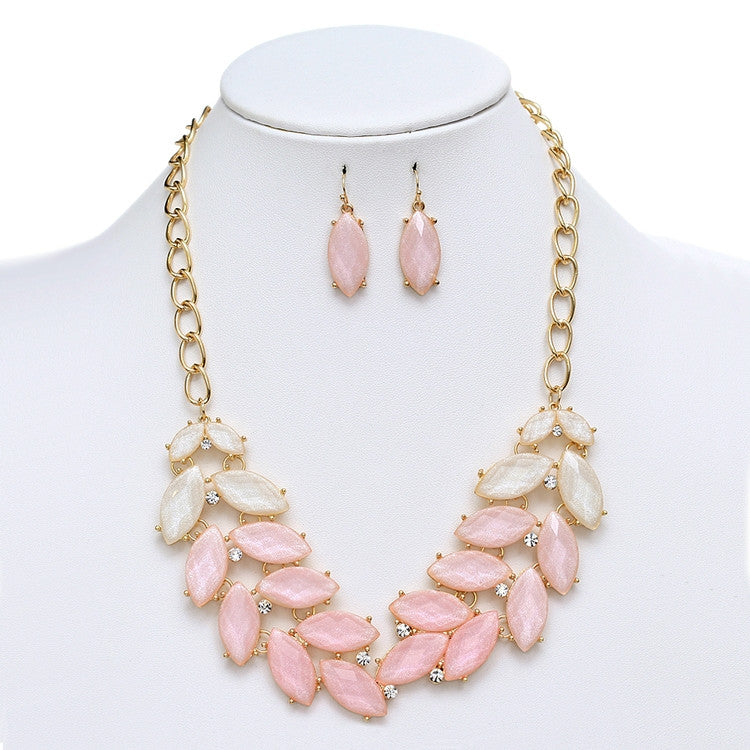 Shimmering Pink Multi Leaves Statement Necklace & Earrings Set 4324S-PK-G