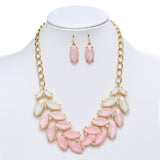 Shimmering Pink Multi Leaves Statement Necklace & Earrings Set 4324S-PK-G