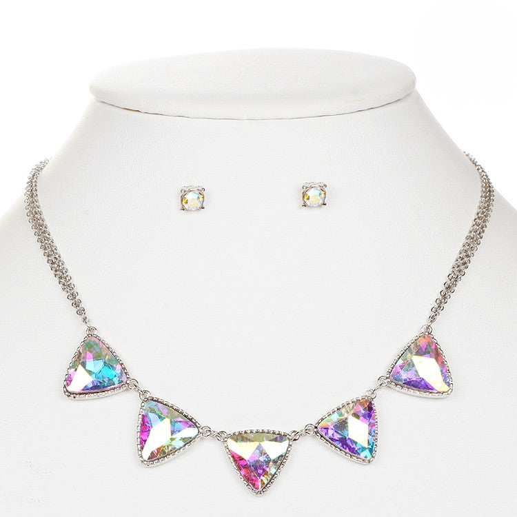 Iridescent AB Triangles Gold Necklace and Earrings Set 4355S-AB