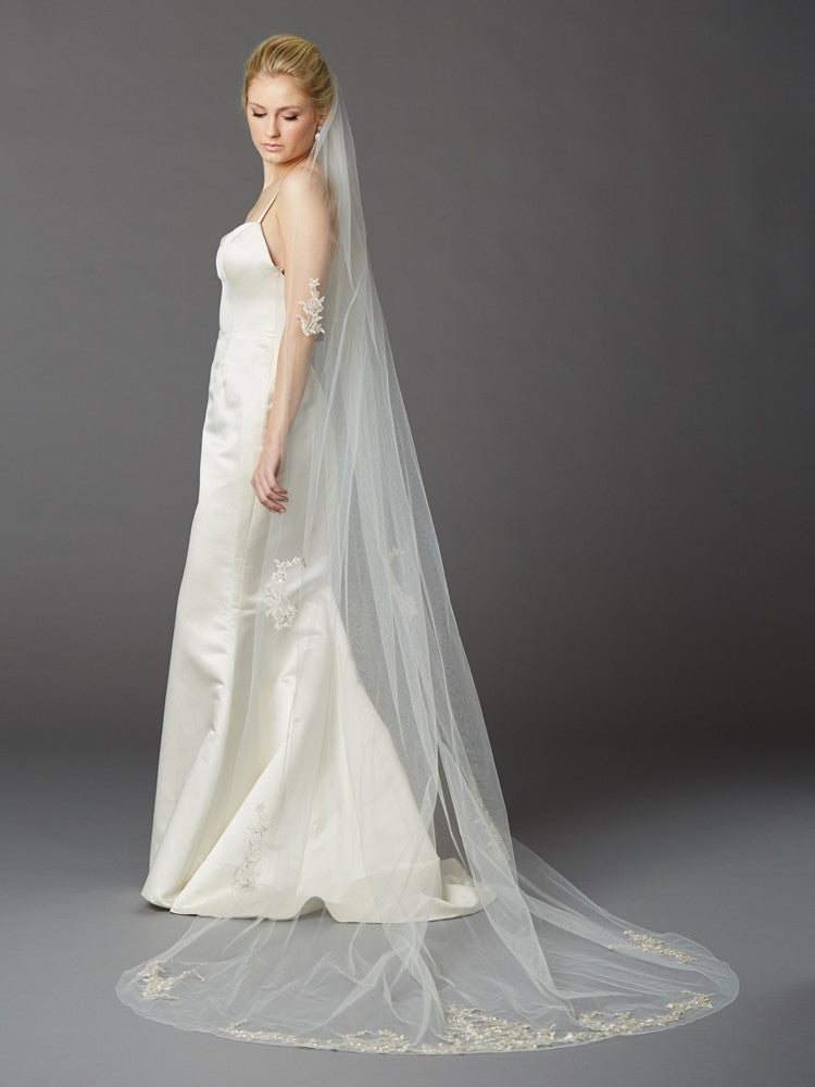 Cathedral Wedding Veil with Silver Embroidered Beaded Lace Appliques & Pencil Edge 4417V-I-S