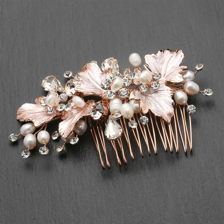 New! Couture Bridal Hair Comb With Hand Painted Rose Gold Leaves Freshwater Pearls And Crystals 4439hc-i-rg