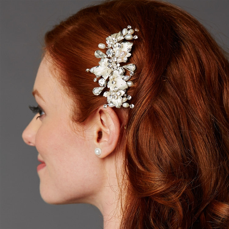 Couture Bridal Hair Comb with Hand Painted Silver Leaves, Freshwater Pearls and Crystals 4439HC-I-S