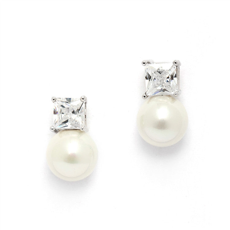 Princess Cut CZ Stud Bridal Earrings with Bold Soft Cream Pearl 4489E-I-S