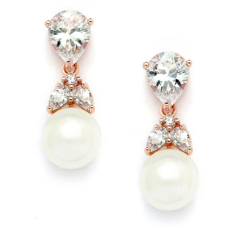 Gold CZ Bridal Earrings with Pears and Pearl Drops 4490E-I-RG