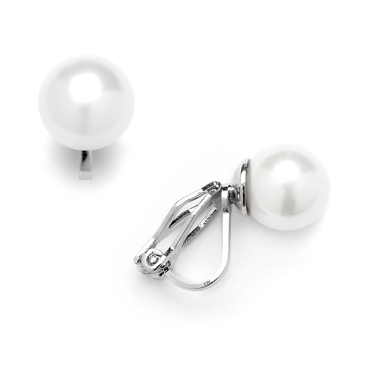 Clip-On White Pearl Stud Earrings - Glass Based Shell Pearls with Organic Mother of Pearl Shell Finish (9mm) 4515EC-W