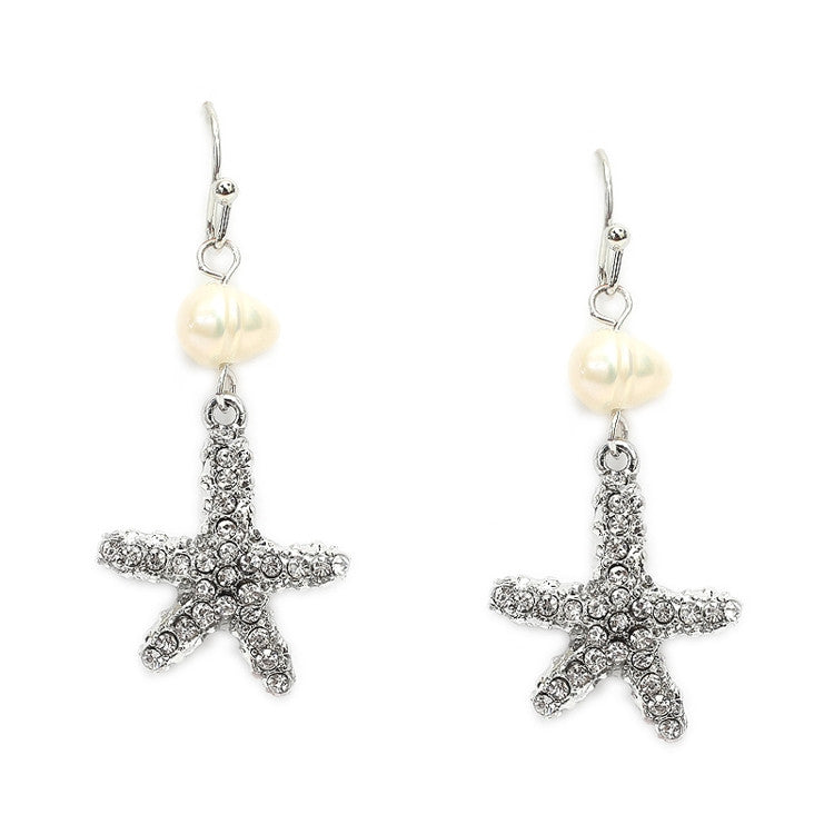 Freshwater Pearl Beach Wedding Earrings with Crystal Starfish 4527E-S